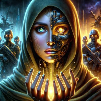 The primary subject of the image is a woman with a mix of human and robotic features. She is wearing a hooded cloak and has a glowing light in her hands. The setting is a dark, futuristic environment with a group of robotic figures surrounding her. The visual style is a digital art or illustration, with a dominant color scheme of dark tones and a glowing light effect. The overall atmosphere is mysterious and intriguing.